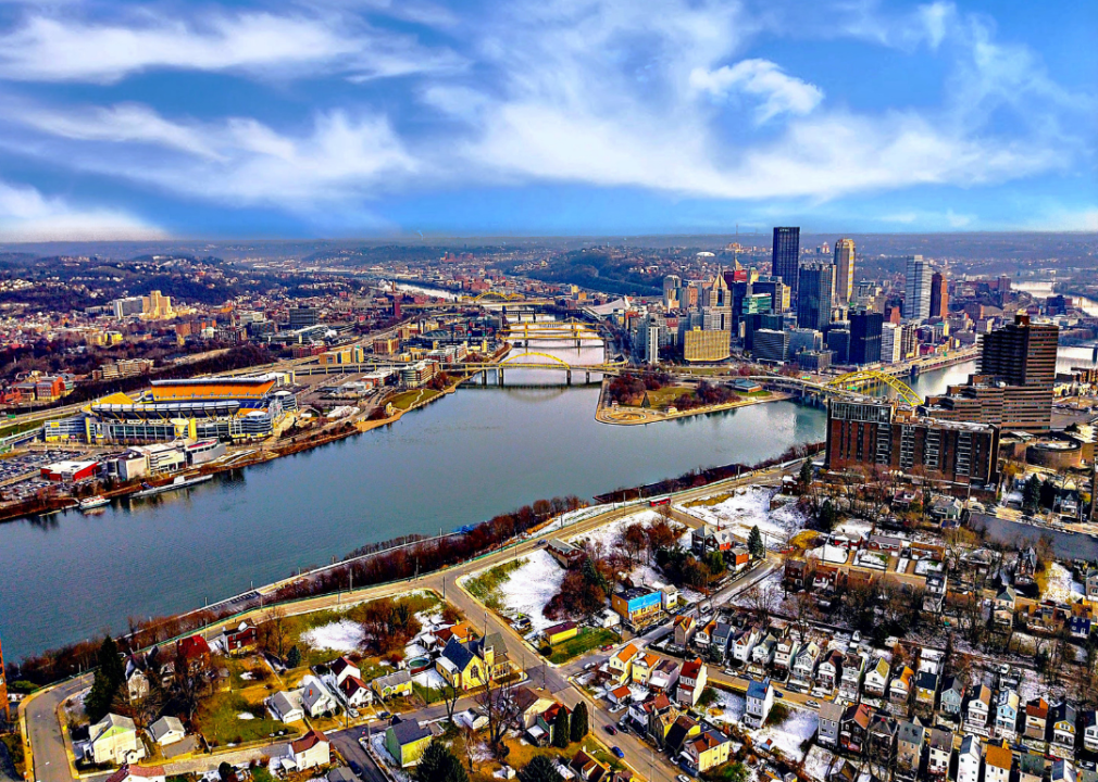 Aerial view of homes and downtown Pittsburgh, Pennsylvania.