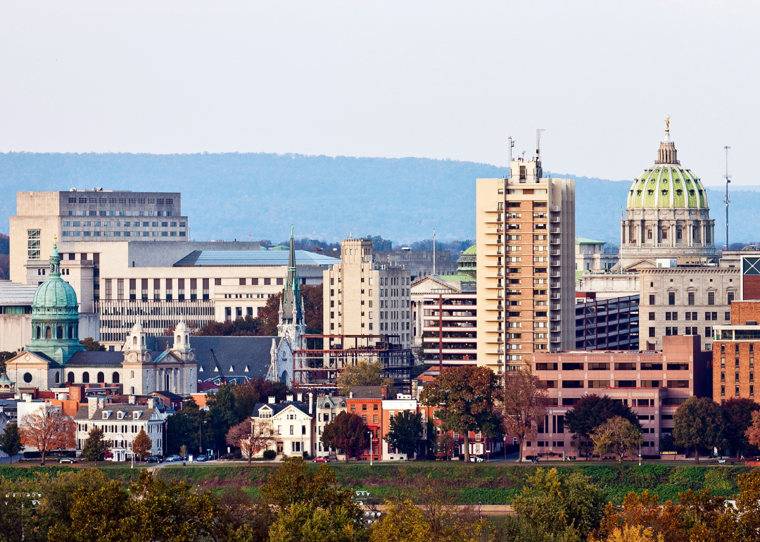Homes and buildings in the Harrisburg, Pennsylvania, skyline.