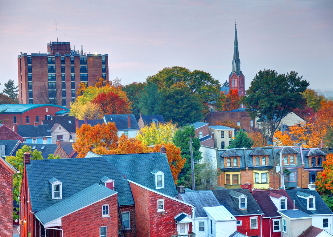 Colorful buildings and trees during fall.
