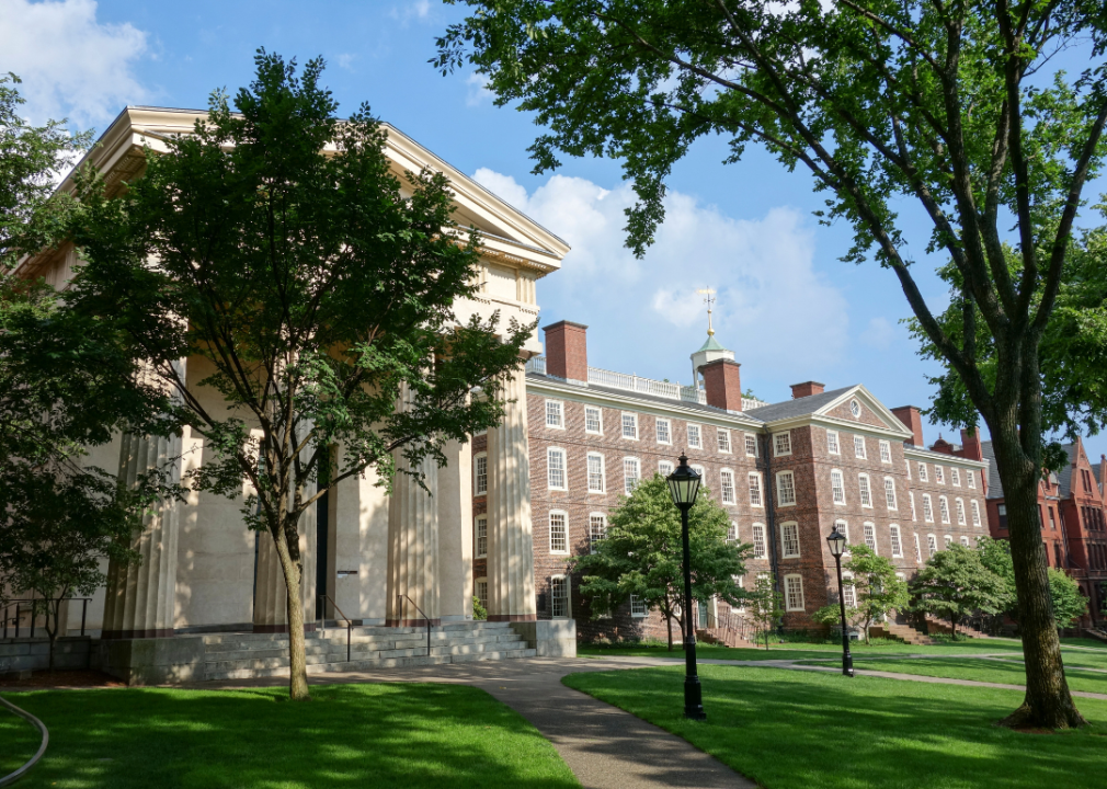 Beautiful stone and brick building with Greek columns at Brown University.