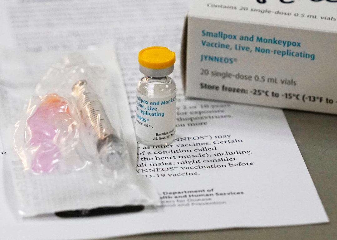 A vial of the Monkeypox vaccine next to a box notating it is non-replicating.