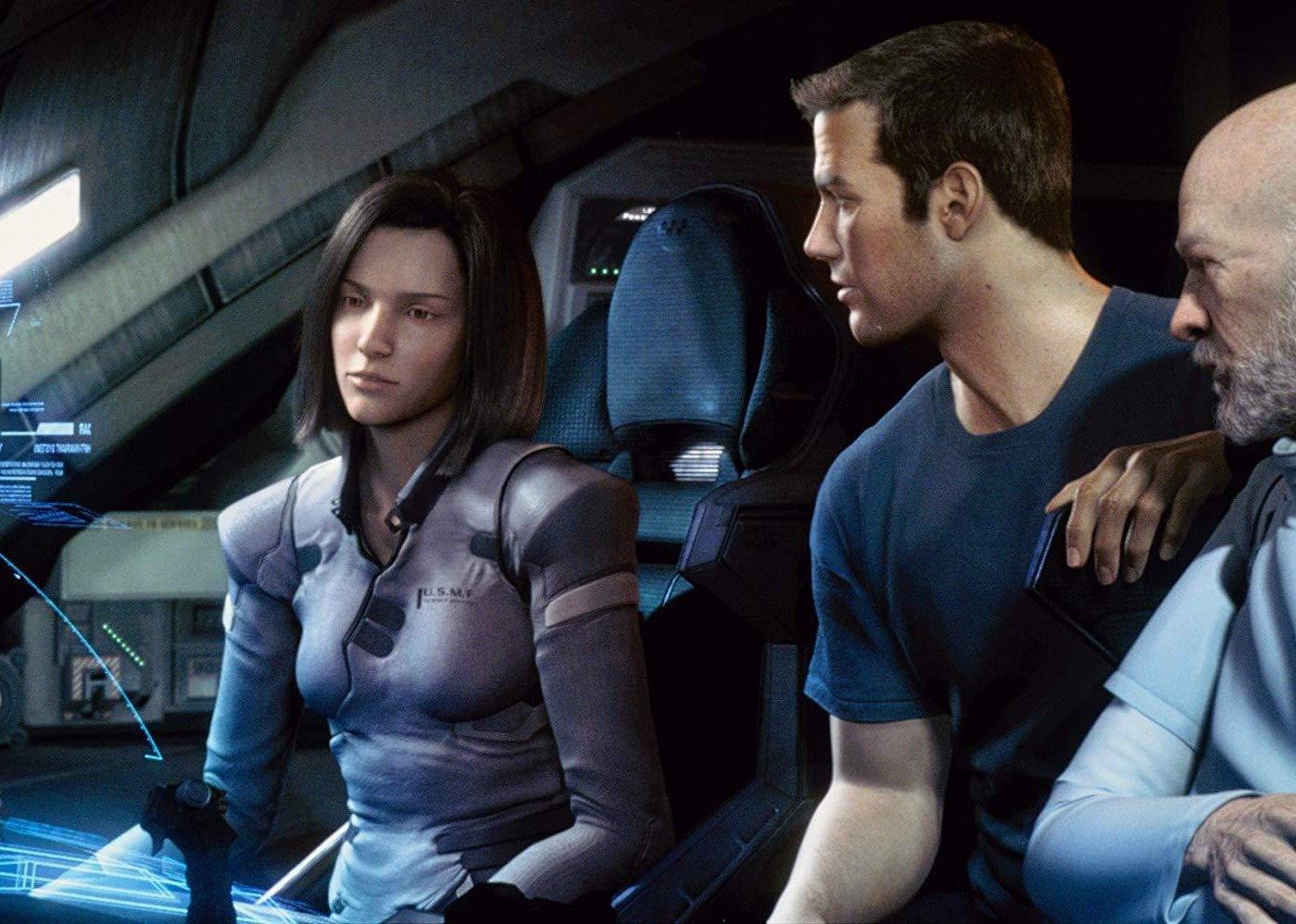 CGI characters sitting in a spaceship