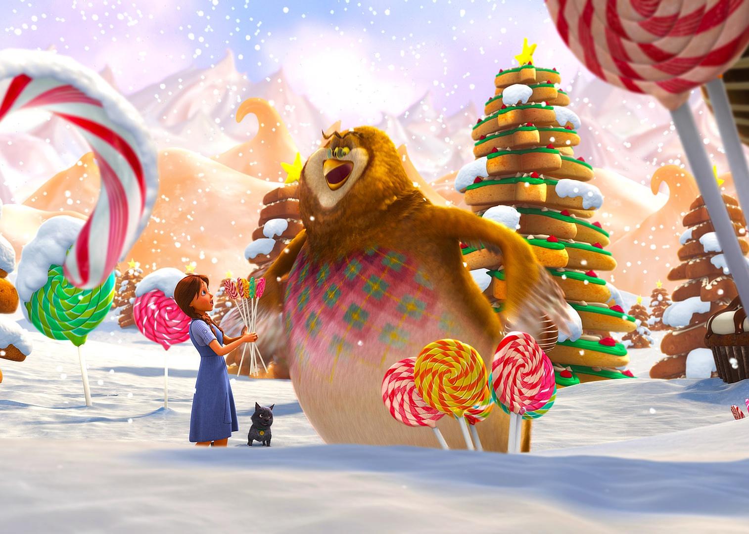 Animated scene of a little girl and a giant bird surrounded by candy
