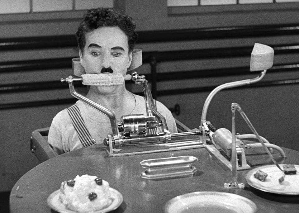 Charlie Chaplin in a scene from ‘Modern Times’.