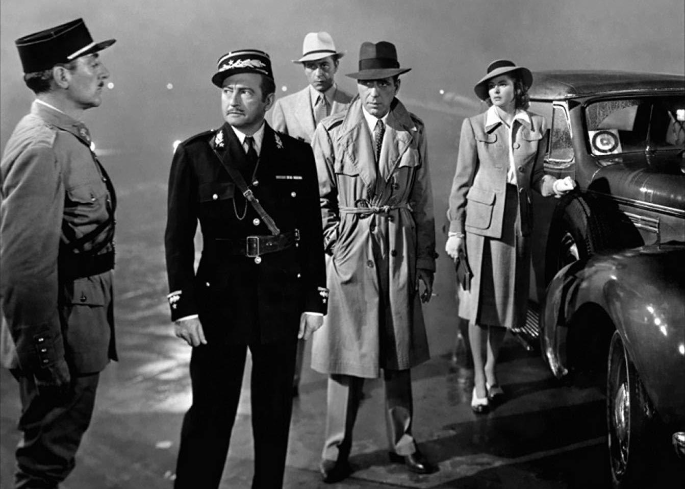 Actors Humphrey Bogart, Paul Henreid, Claude Rains, and Ingrid Bergman pose for a publicity still for the movie ‘Casablanca