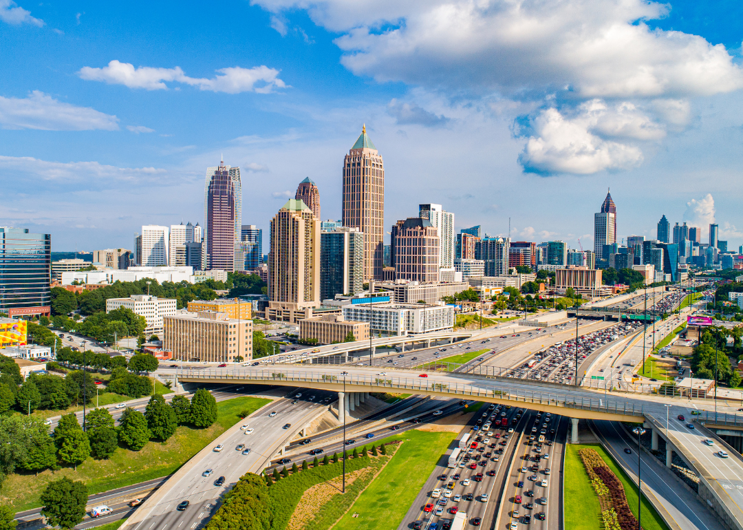 The downtown Atlanta, Georgia, skyline with heavy traffic on the highway