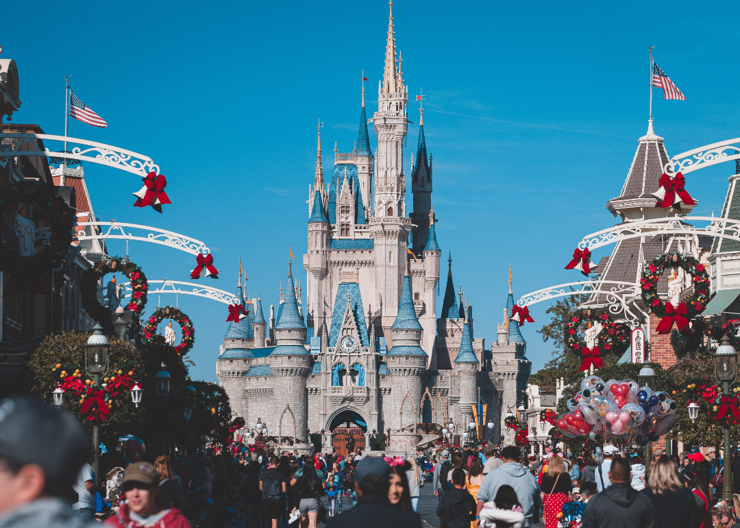 Crowded streets in front of the Disney castle