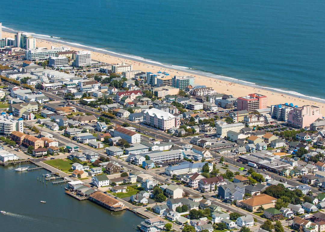 An aerial view of homes and the beach in Salisbury.