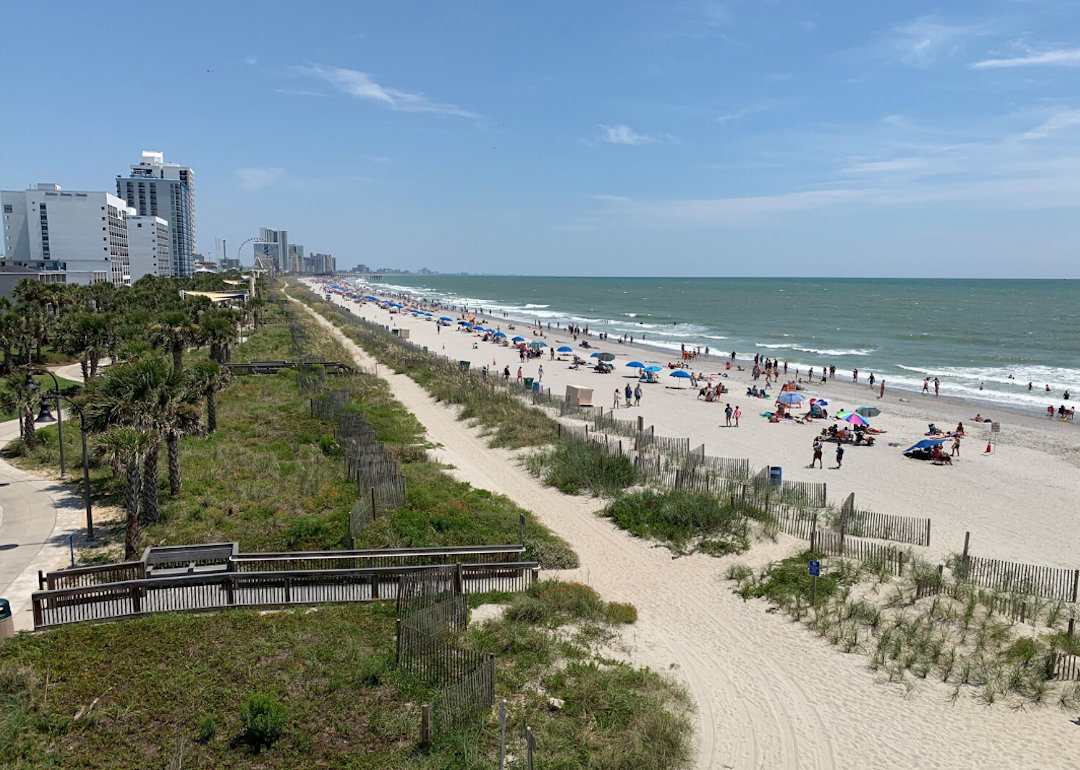 A wide view along the sands of Myrtle Beach.