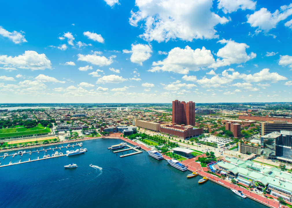 Aerial view of the Inner Harbor in Baltimore, Maryland.