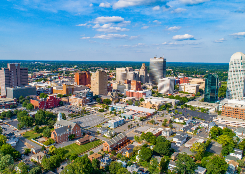 Aerial view of homes and buildings in downtown Winston-Salem, North Carolina.
