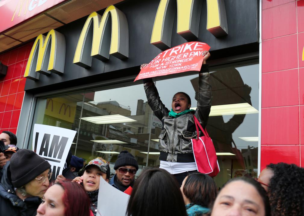 Fast food workers on strike.