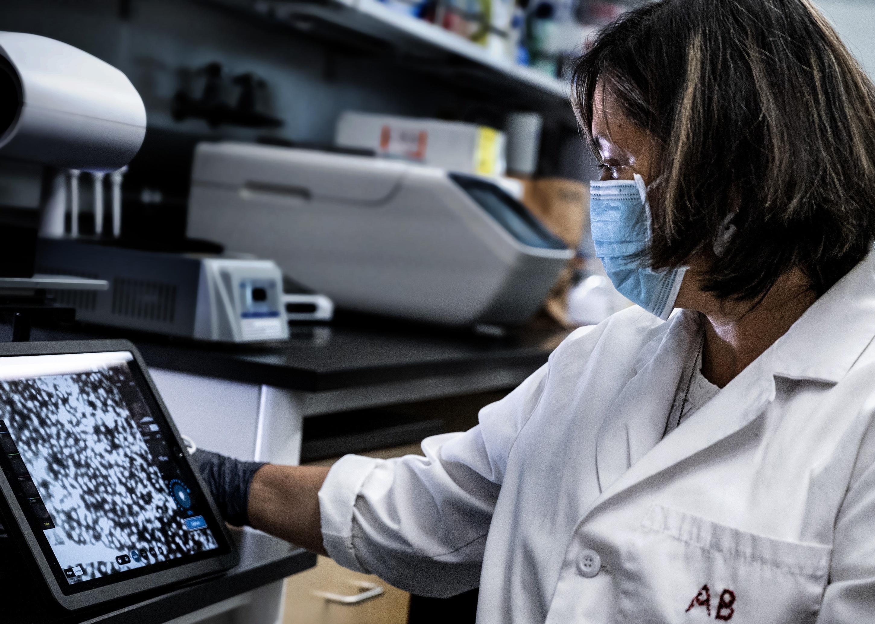 A female researcher analyzing stem cells on a screen.