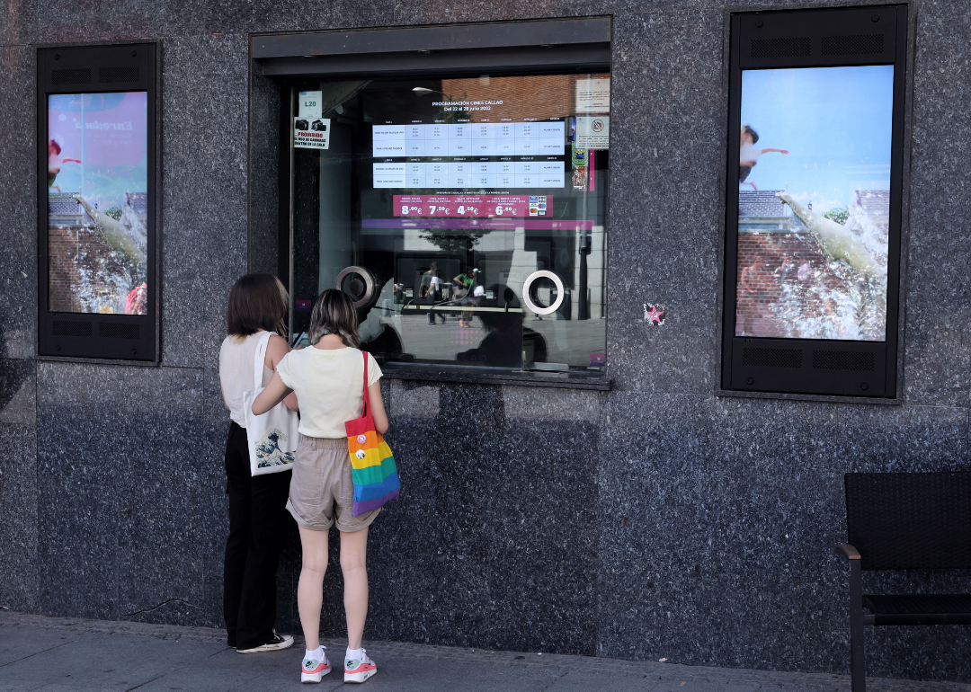 People stand in line to buy movie tickets at the box office.