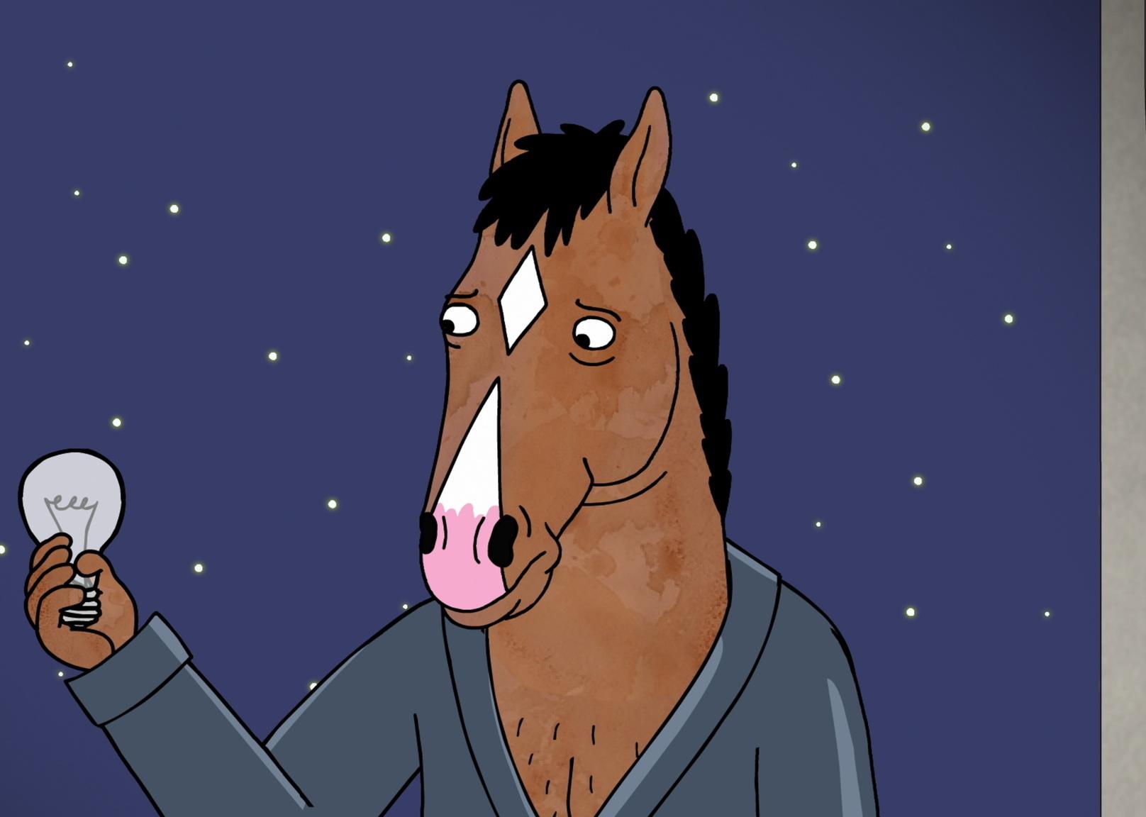 A cartoon of a horse in a robe holding a light bulb.