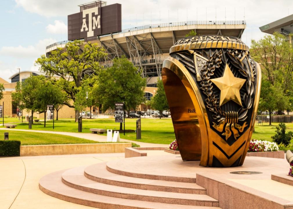 A giant statue of a class ring outside the Texas A&M University stadium.
