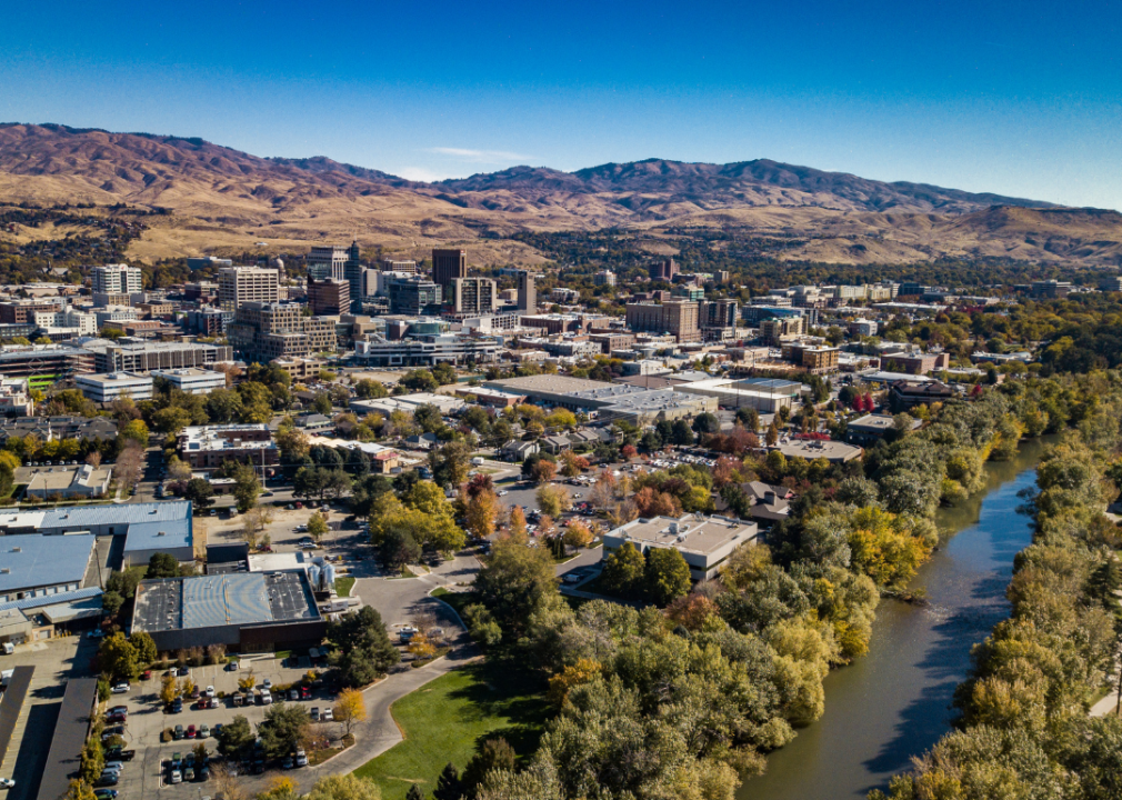 Aerial view of buildings and homes in Boise.