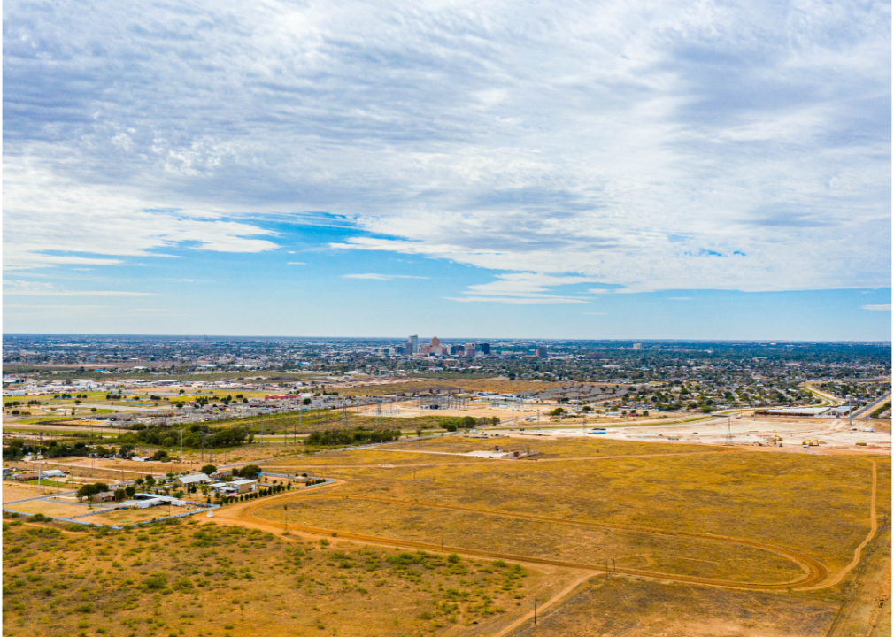 Aerial shot of flat landscape in Midland, Texas with buildings and homes in the distance.