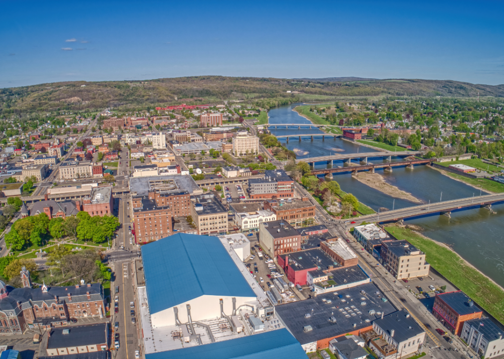 Aerial view of historic buildings and homes in Elmira, New York.