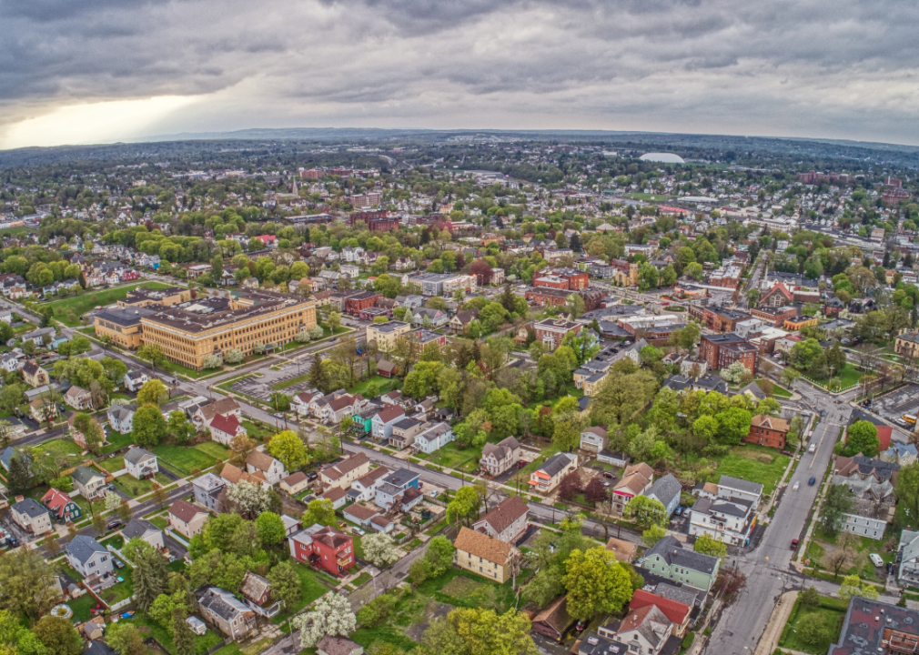 Aerial view of historic homes in Utica, NY.