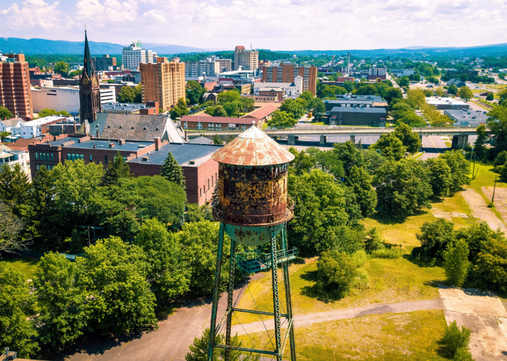 Wilkes-Barre, Pennsylvania cityscape with an old water tower in the foreground.