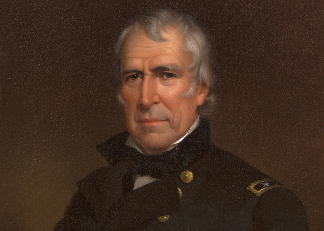 A painting of Zachary Taylor in a miltary jacket.