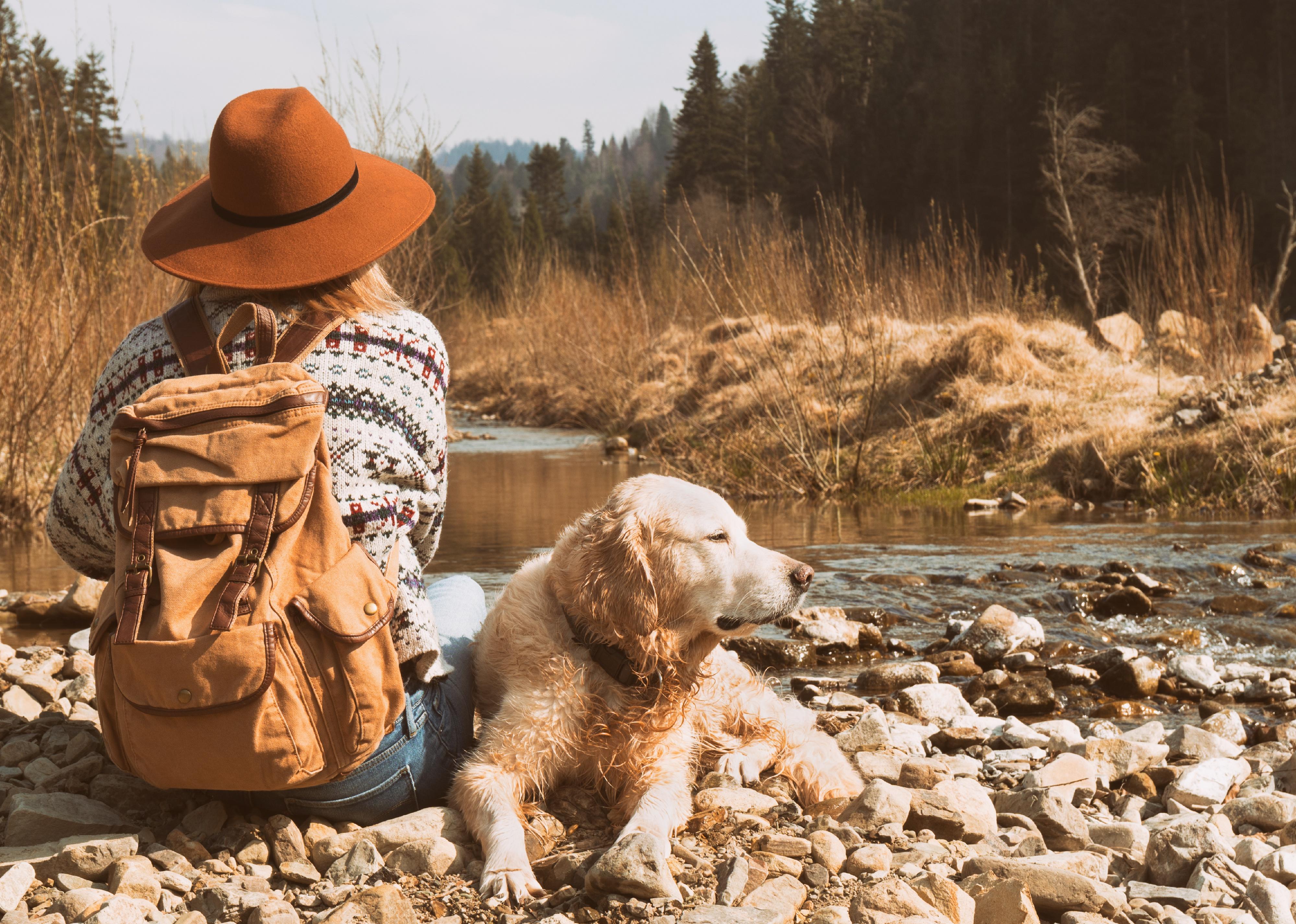 A woman in a hat and sweater sitting on the rocks by a river with a golden retriever dog.