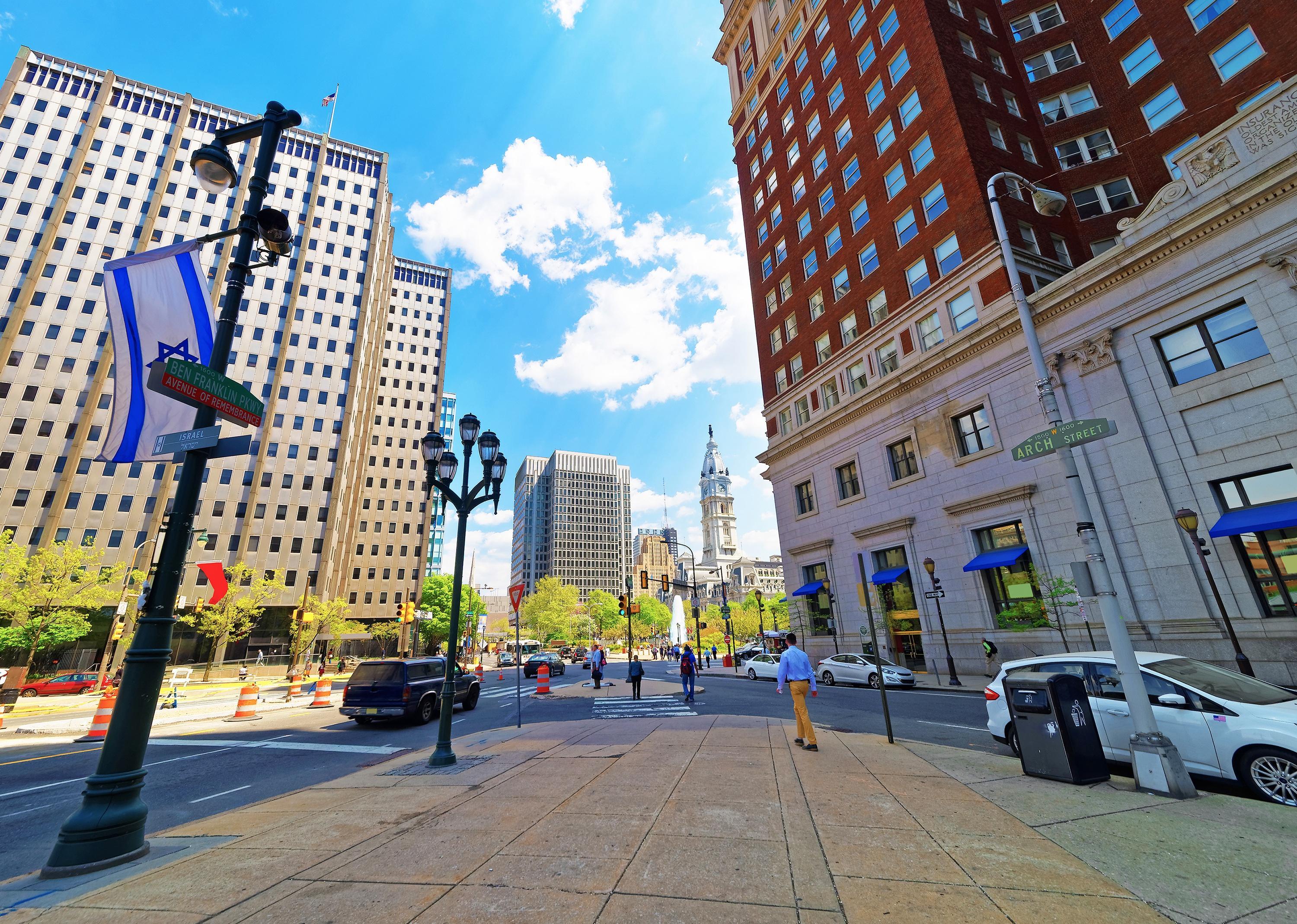 A glimpse of Philadelphia's historic City Hall from a nearby street.