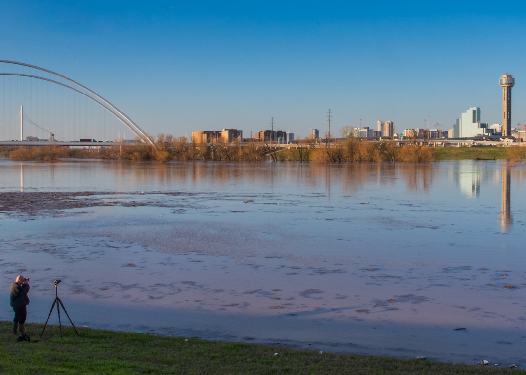 A person taking a photograph of downtown Dallas with a tripod on the edge of water.