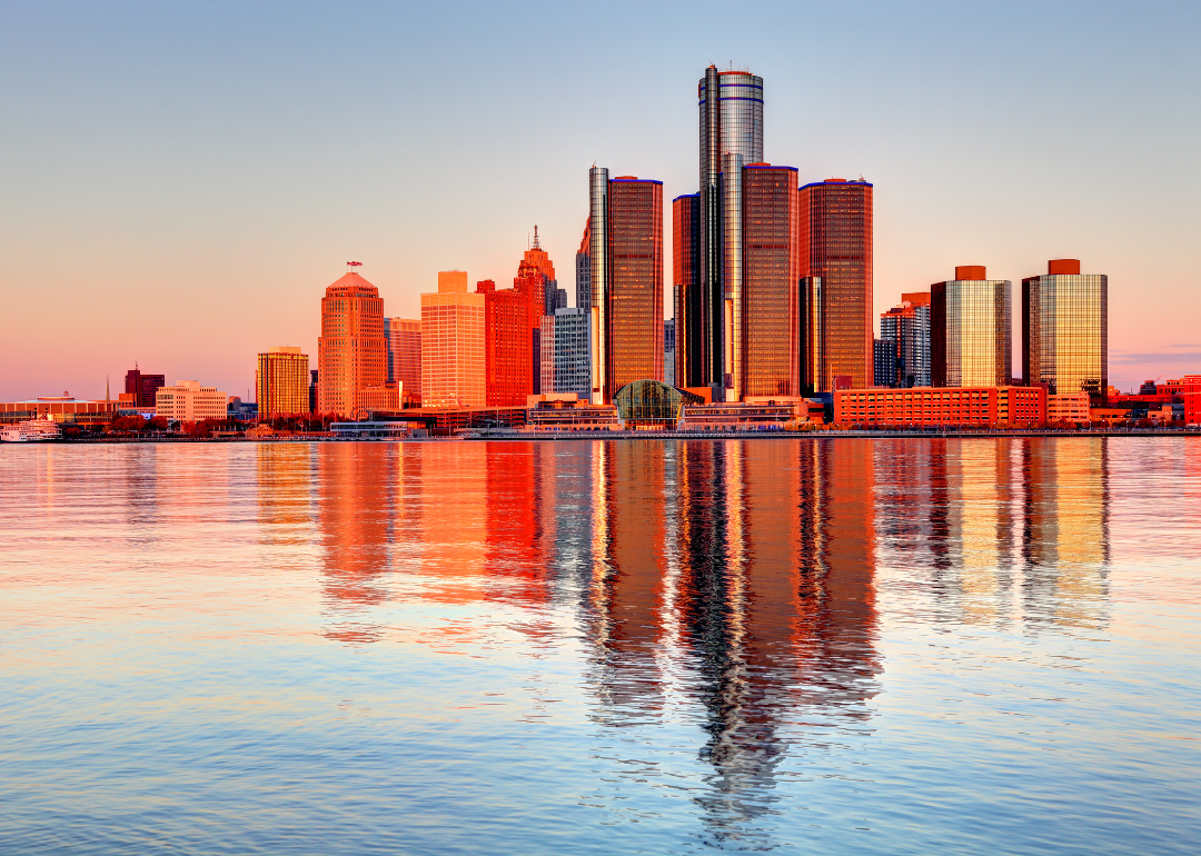 The Detroit skyline at sunset.
