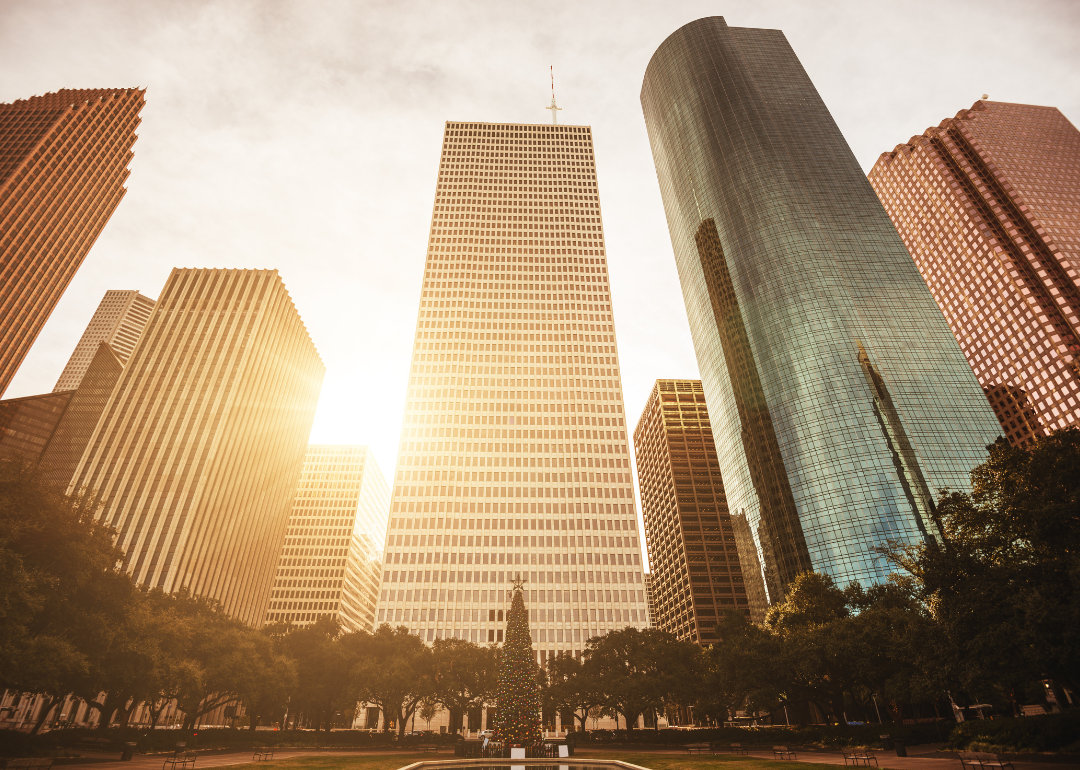 Downtown Houston buildings at sunset.