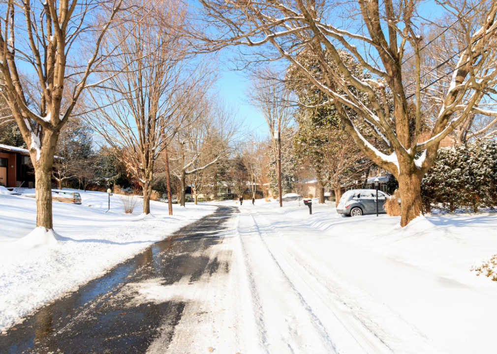 A neighborhood covered in snow.