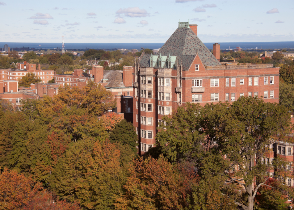 An aerial view of historic brick buildings.