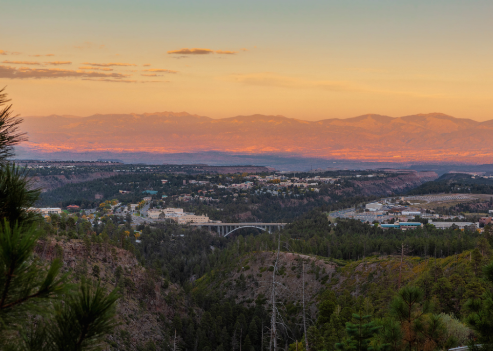 An aerial view of Los Alamos at sunset.