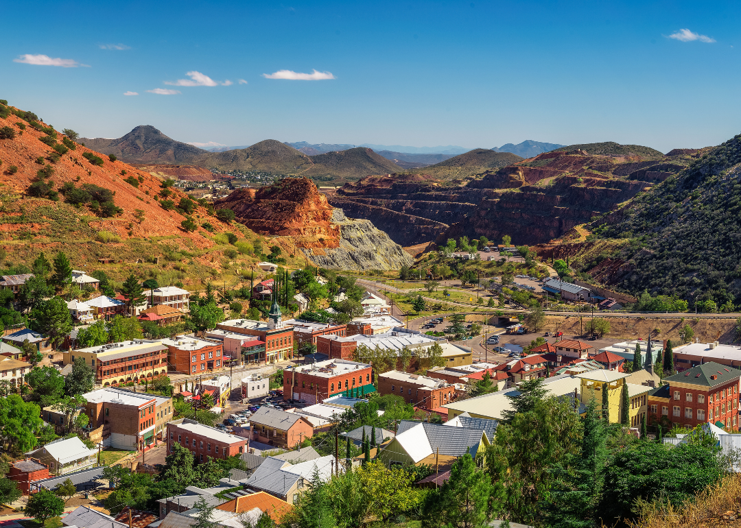 Aerial view of Bisbee in the mountains.