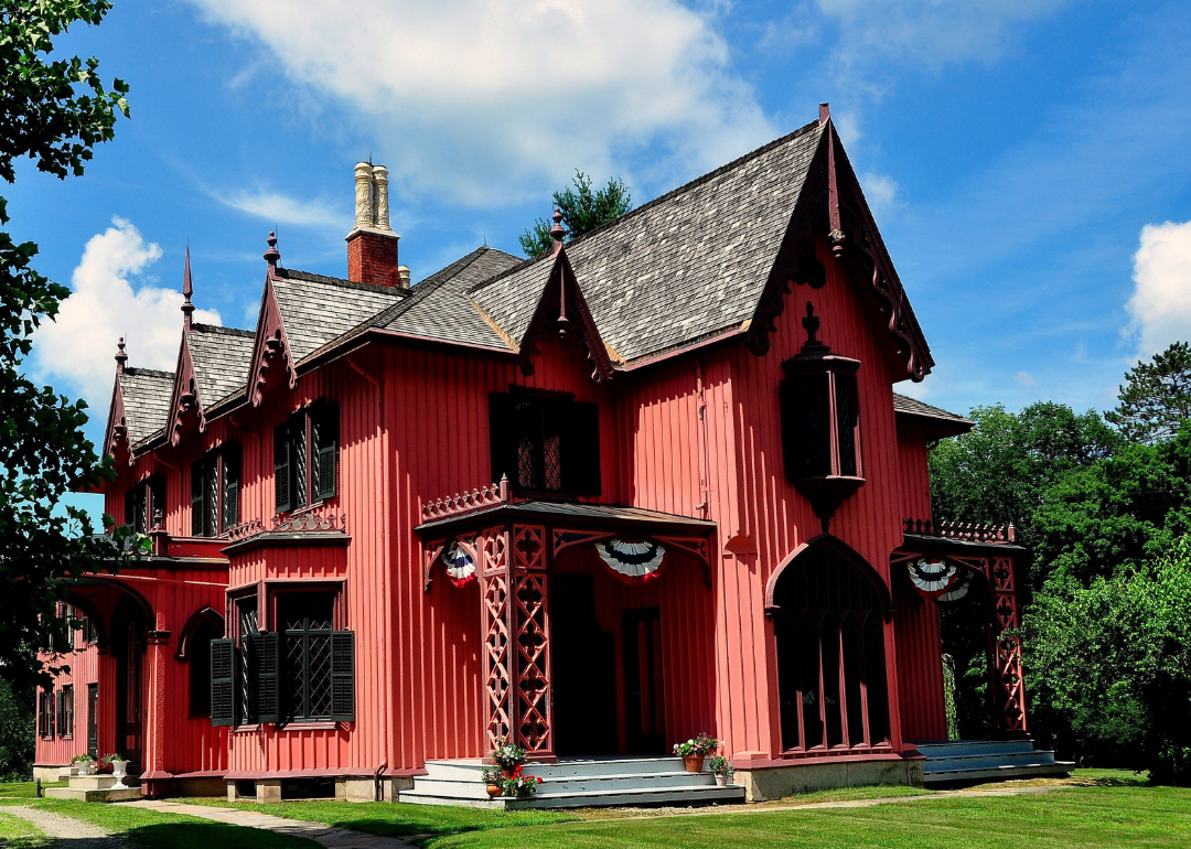 A salmon colored gothic revival home in Woodstock.