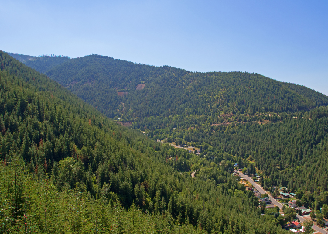 An aerial view of Kellogg in the mountains.
