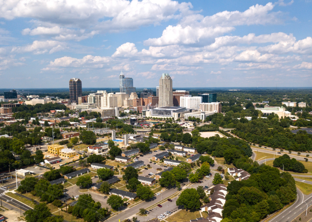 Aerial view of homes and buildings in Raleigh, North Carolina.