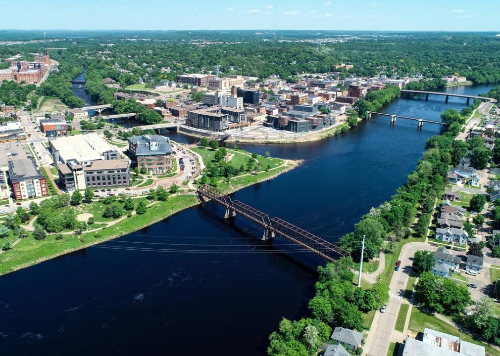 Aerial view of the Chippewa River in downtown Eau Claire, wisconsin.