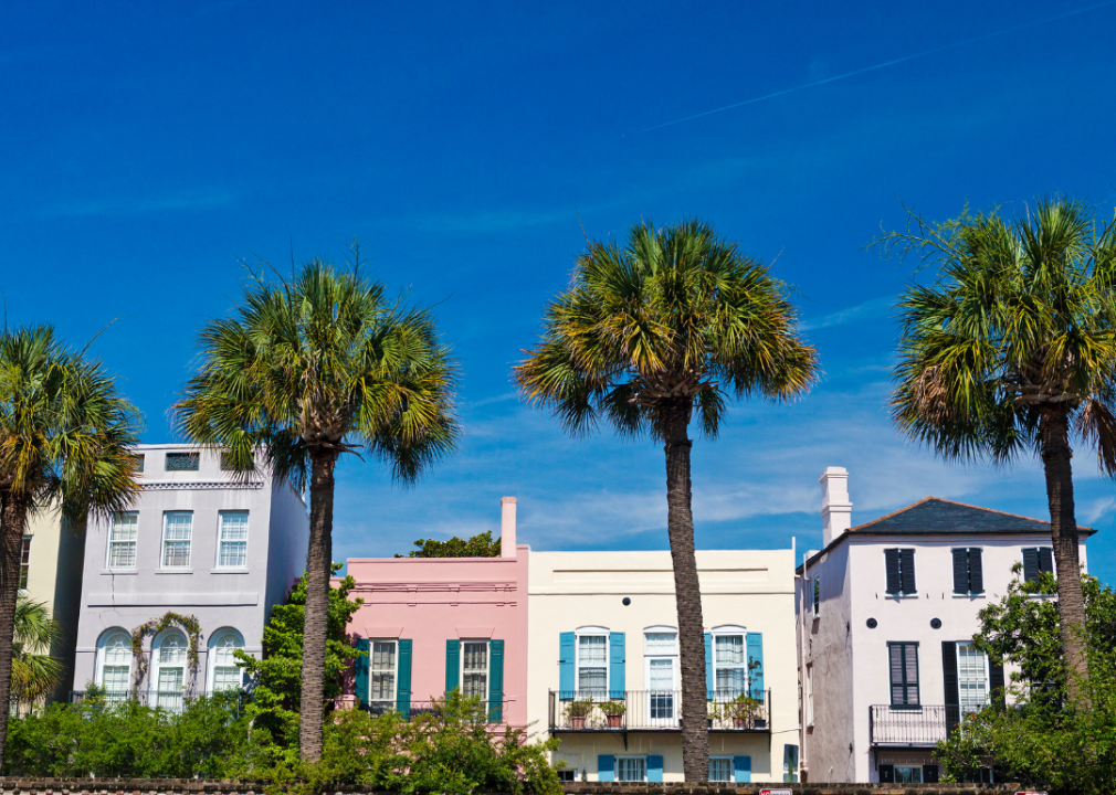 Colorful homes landscaped with Palm trees in Charleston, South Carolina.