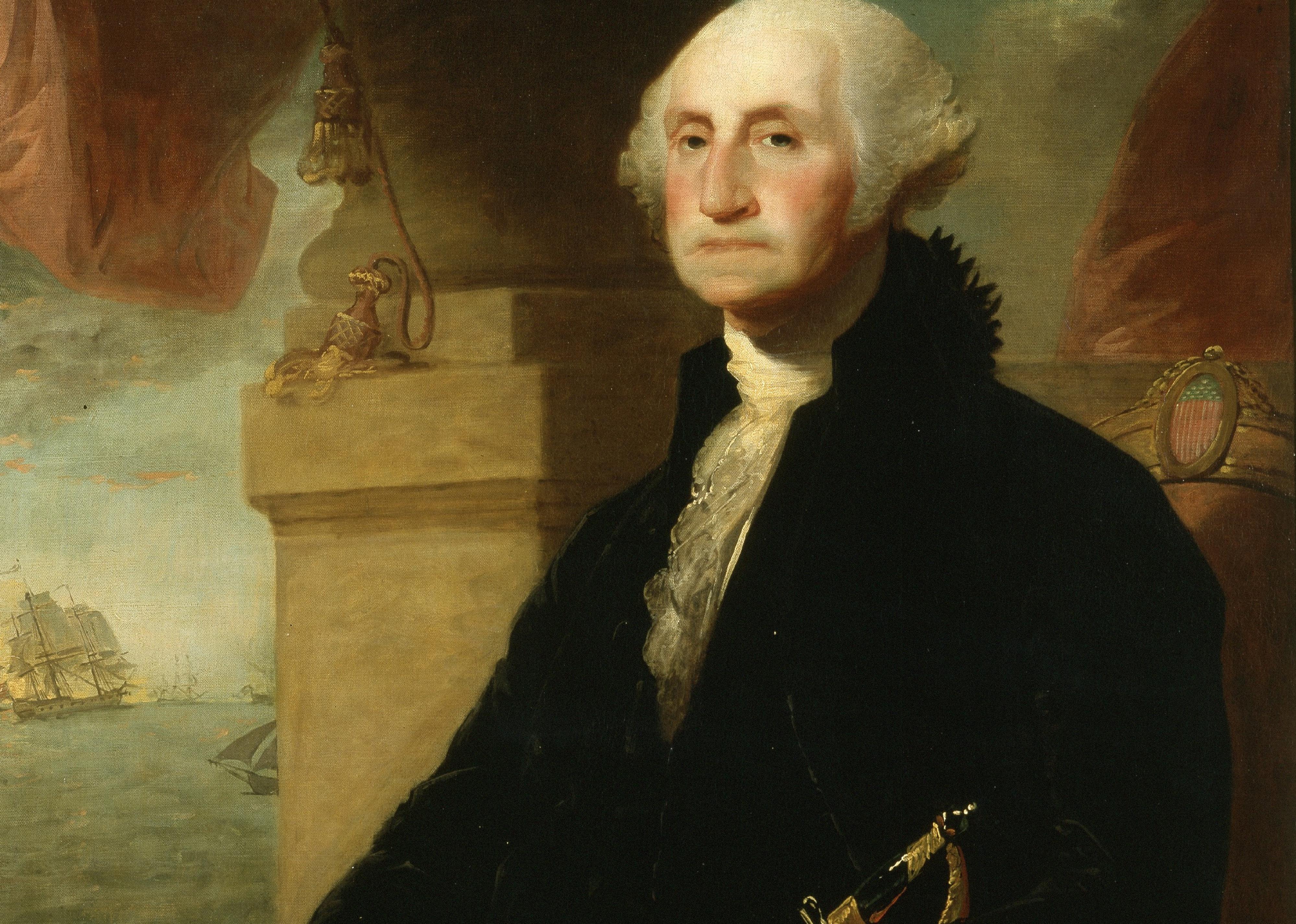 A painting of George Washington seated in a black jacket with a sword.