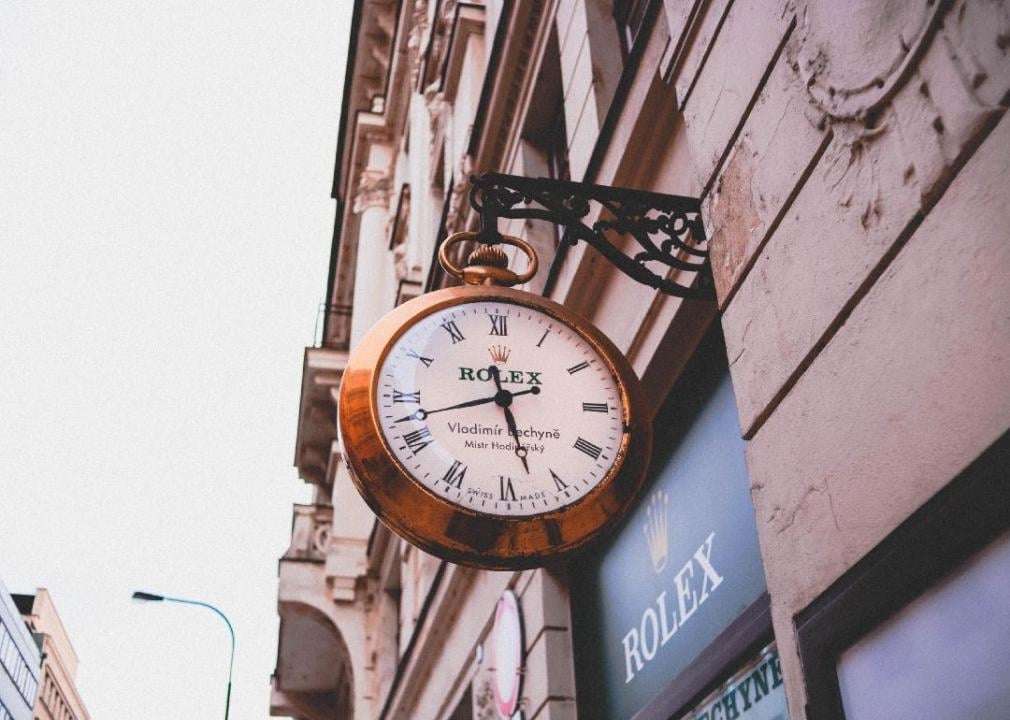 Storefront bearing a large rolex.