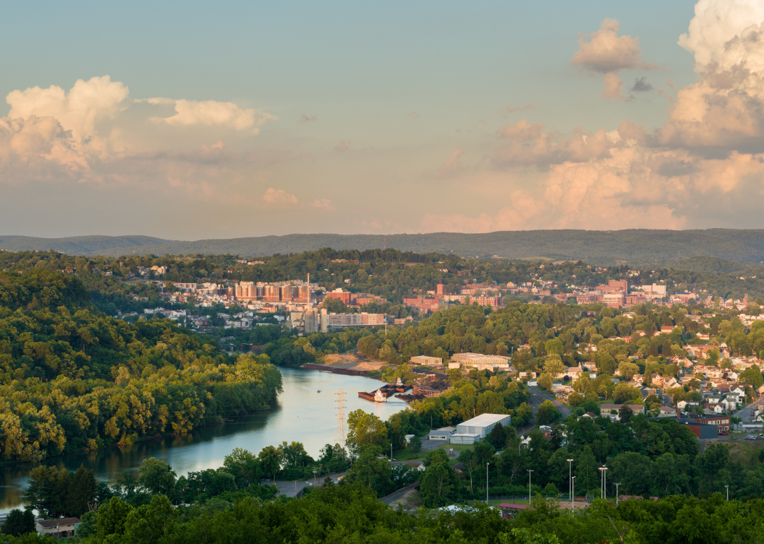 Aerial view of a waterway going through Morgantown.