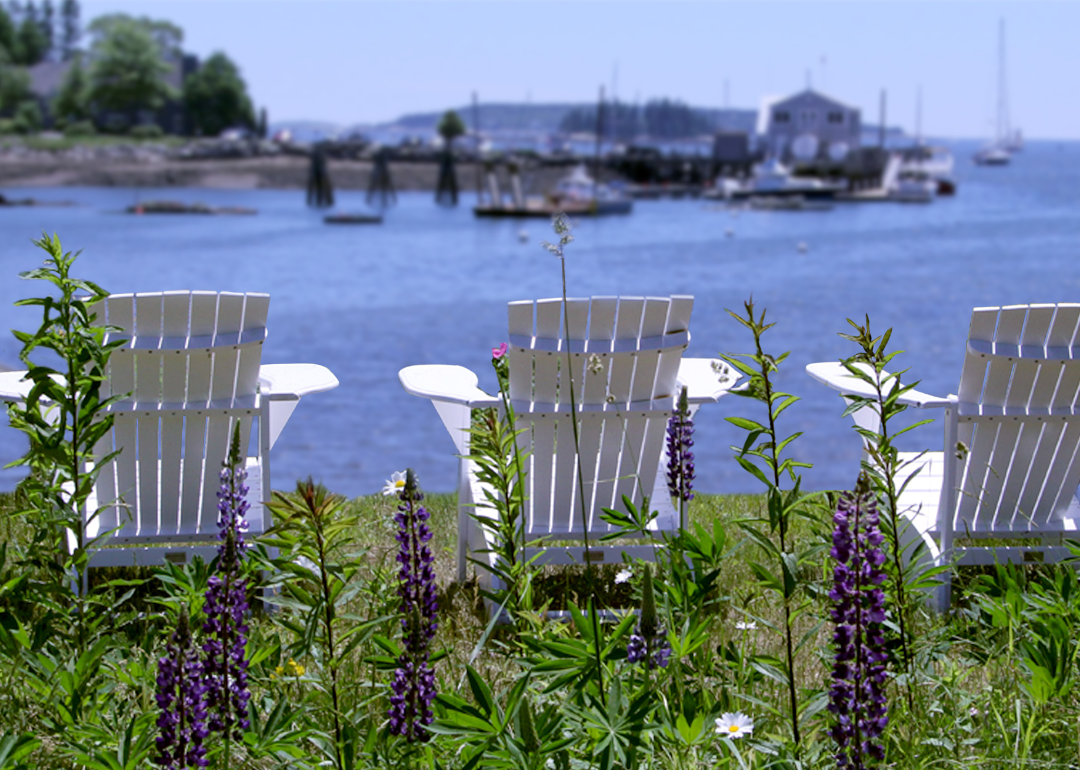 White adirondack chairs overlooking the harbor in Maine.