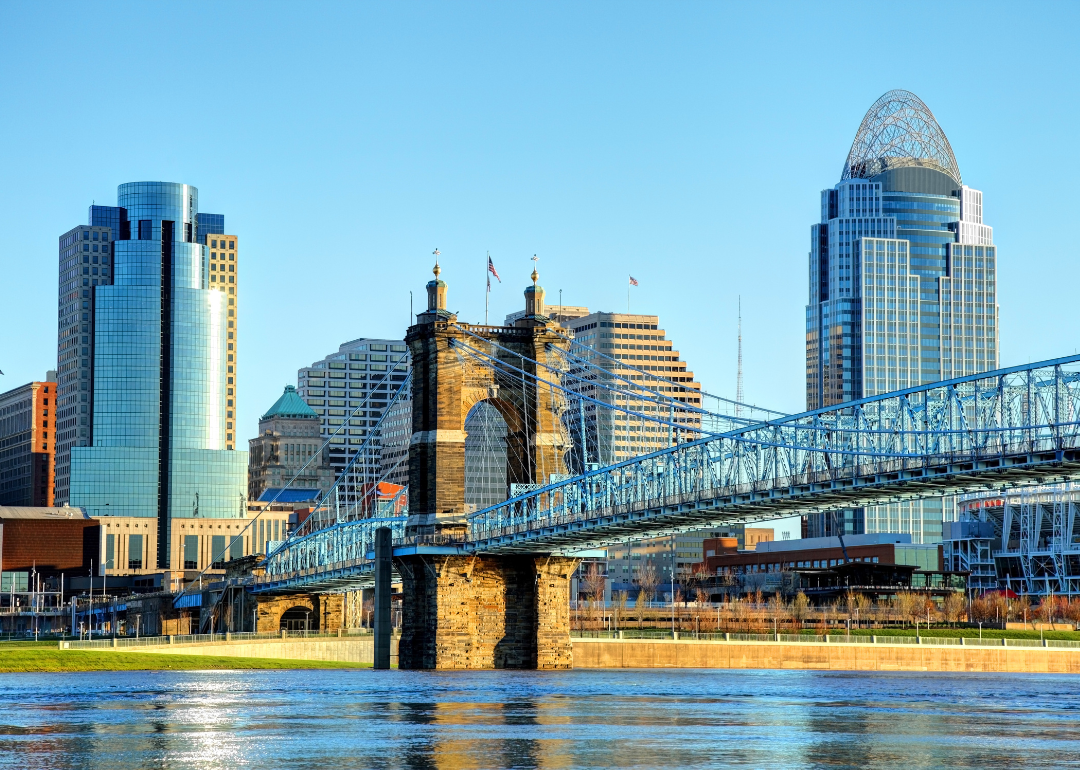 Cincinnati skyline and bridge in foreground.