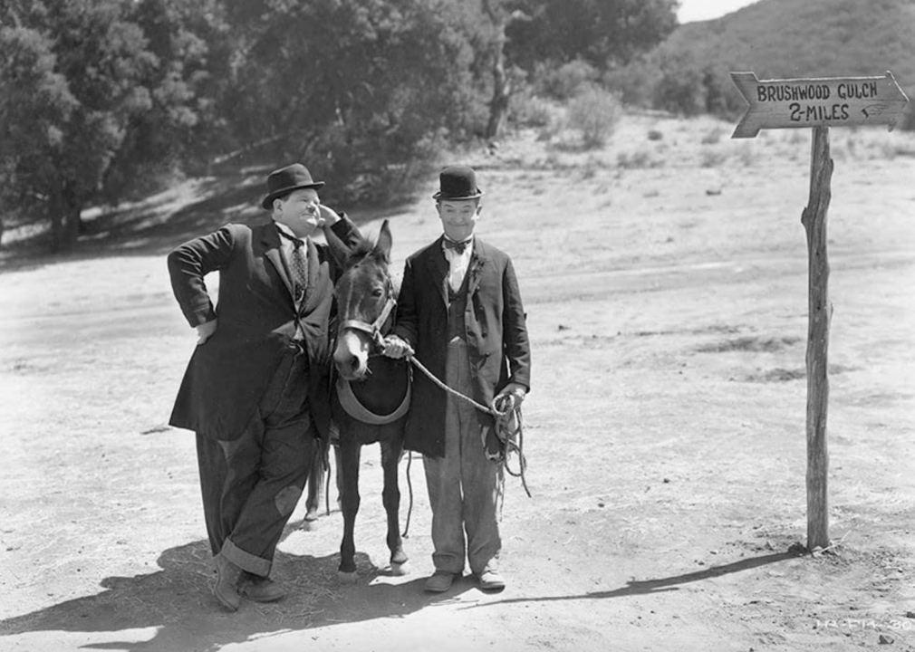 Oliver Hardy and Stan Laurel in a scene from "Way Out West"