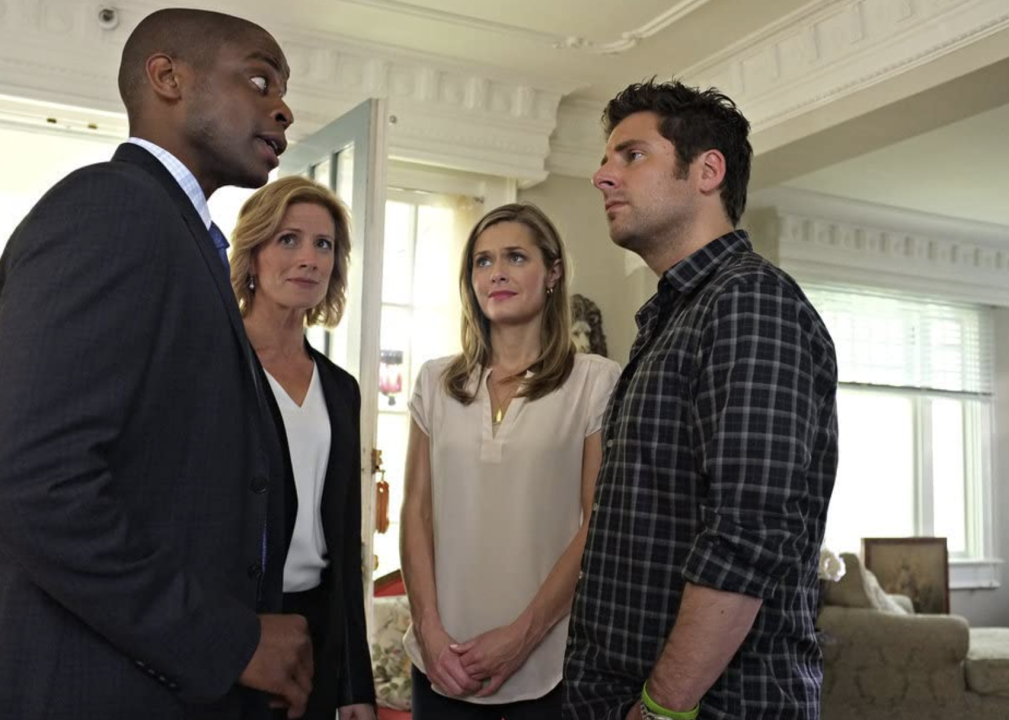 Dulé Hill, Maggie Lawson, Kirsten Nelson, and James Roday Rodriguez in "Psych"