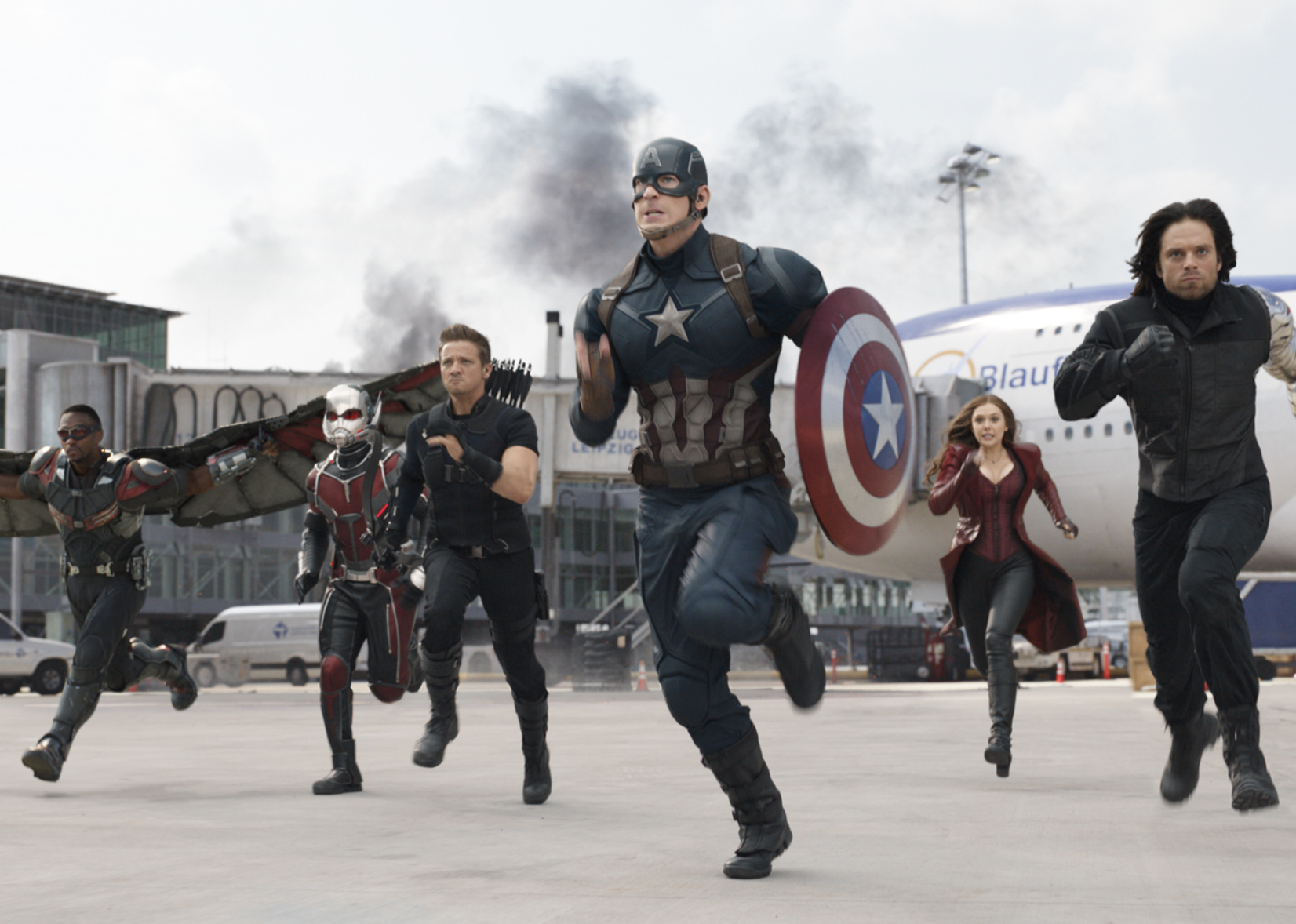 Chris Evans, Elizabeth Olsen, Jeremy Renner, Paul Rudd, Anthony Mackie, and Sebastian Stan in "Captain America: Civil War"