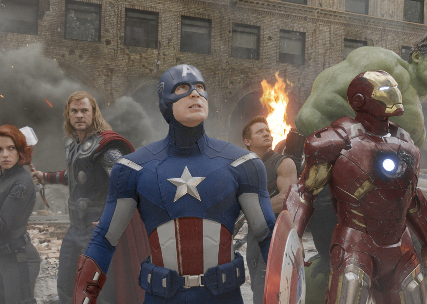 A scene with the full Avengers crew in action from 