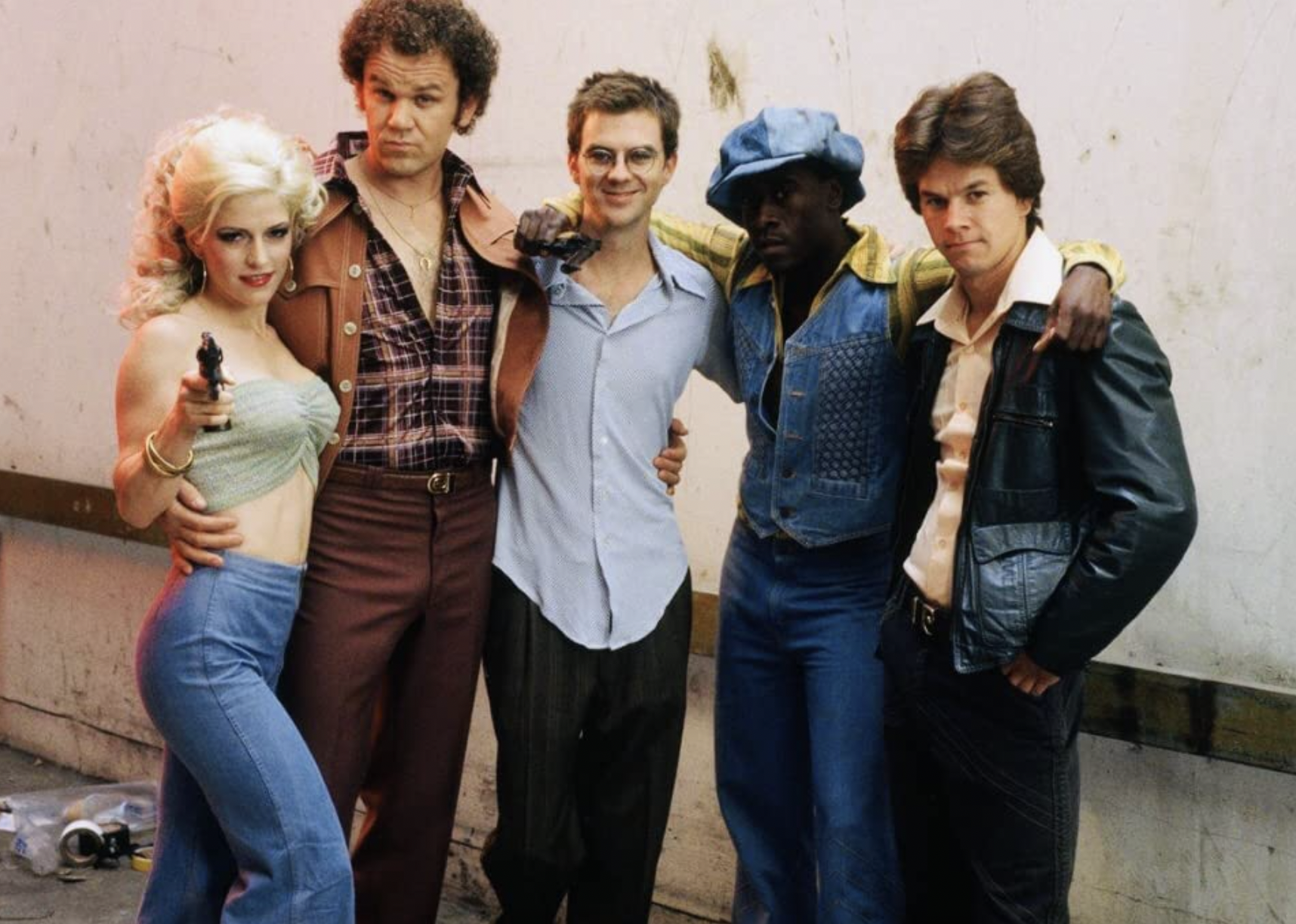 Mark Wahlberg, Don Cheadle, John C. Reilly, Paul Thomas Anderson, and Melora Walters in "Boogie Nights"
